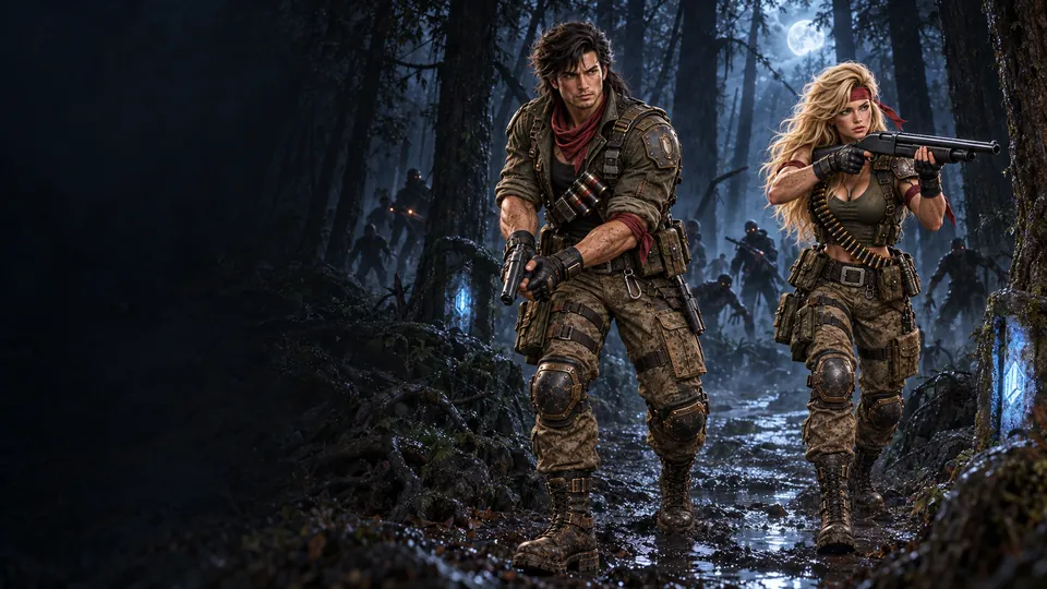 Lit Commando and Lit Valkyrie advance along a moonlit forest trail with zombies behind them